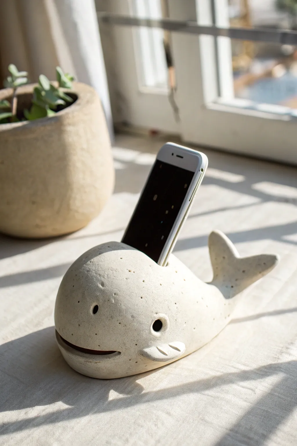 Minimalist whale clay phone speaker with spout sound port in warm Scandinavian style