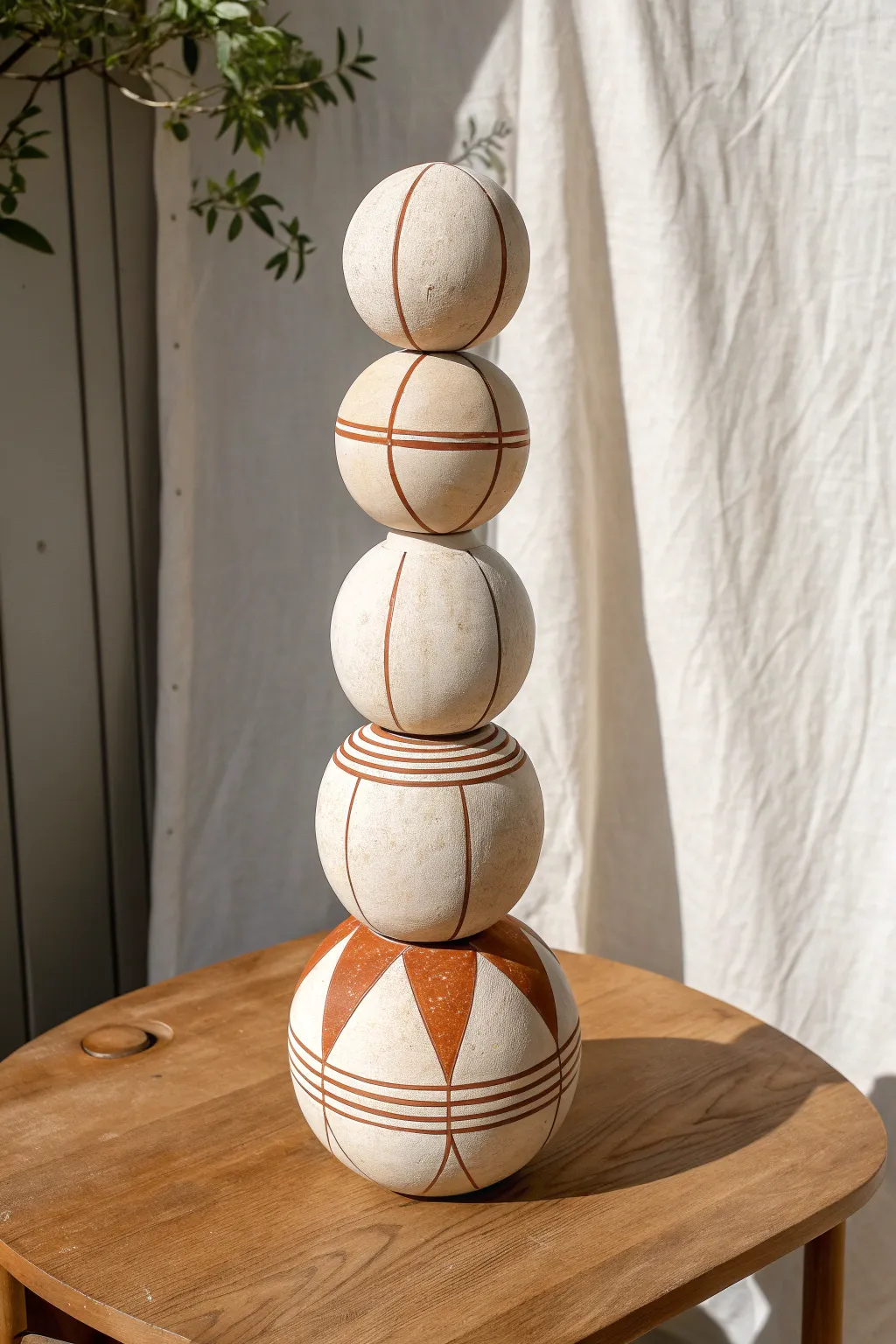 Minimalist stacked clay sphere totem with carved lines and warm earthy blocks for modern boho shelves