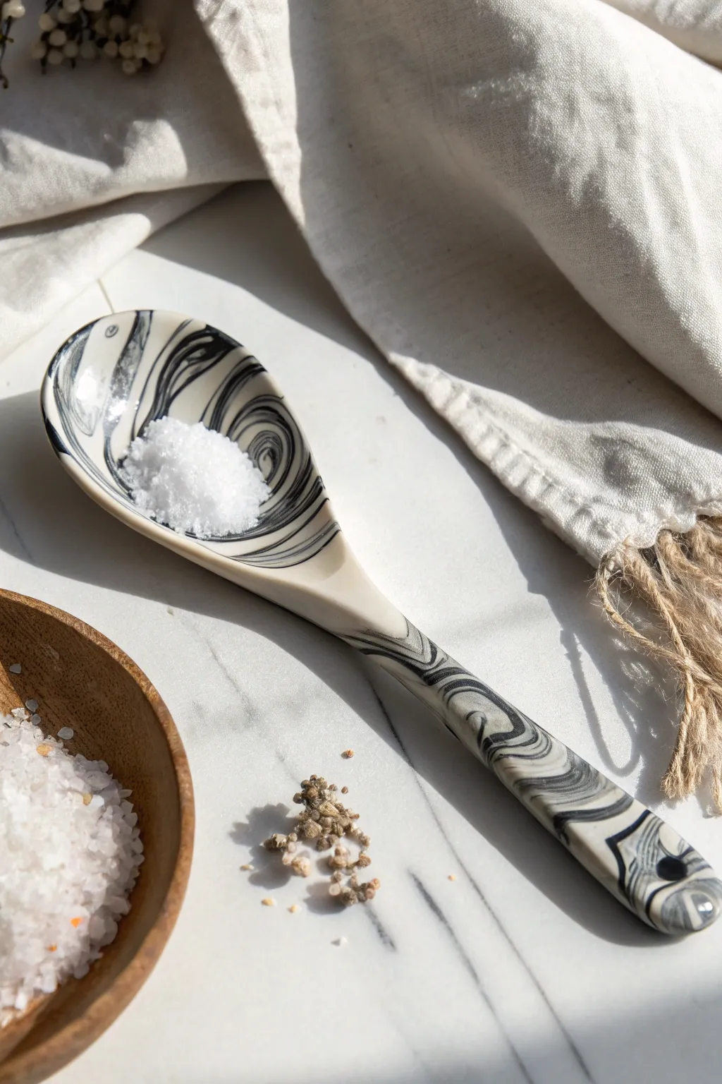 Minimal marbled polymer clay spoon, styled as a chic dry-ingredient scoop on a bright backdrop