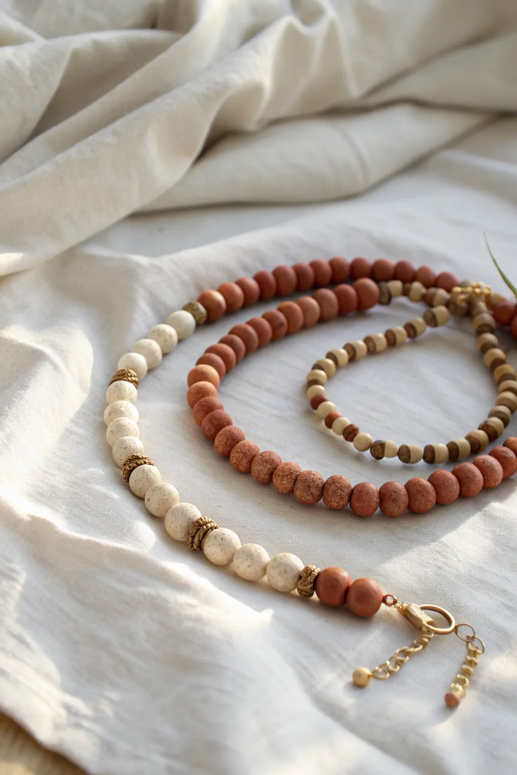 Handmade clay bead necklace and bracelet in soft neutrals, styled simply on natural linen.