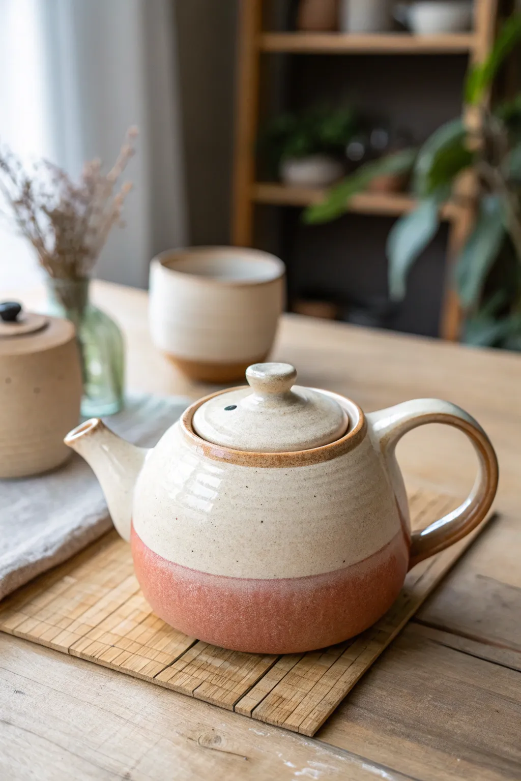 Two-tone dip-glazed teapot with soft drips and a clean minimalist silhouette