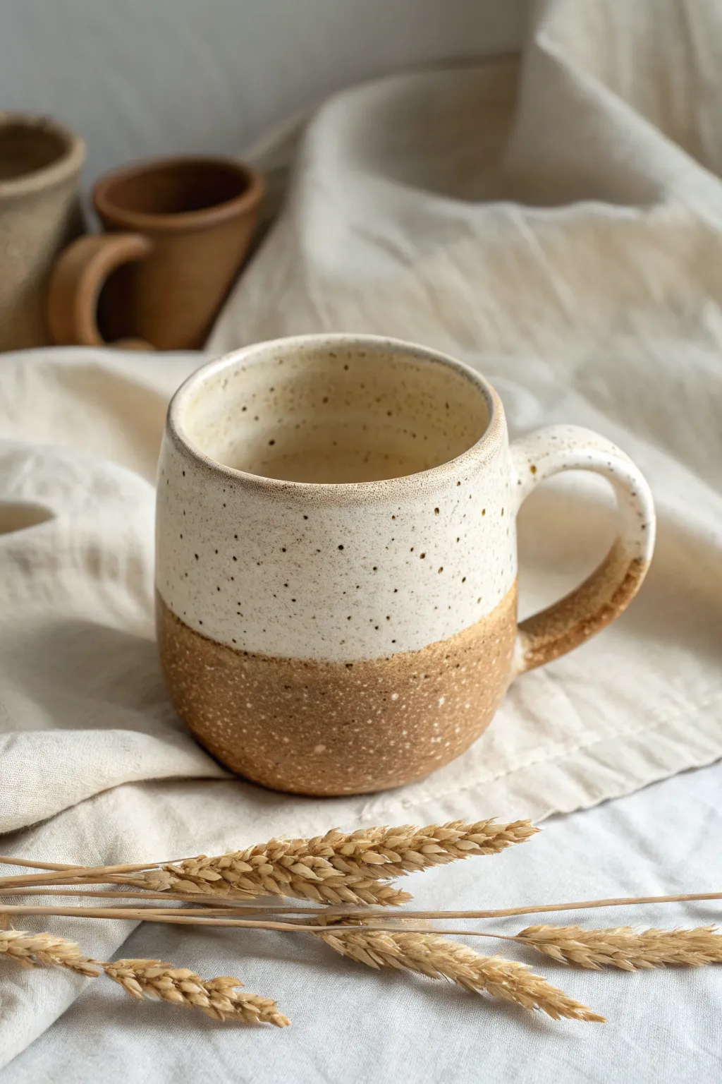 Sponge-dabbed stoneware mug with a pebbly lower texture, softly lit for crisp tactile contrast.
