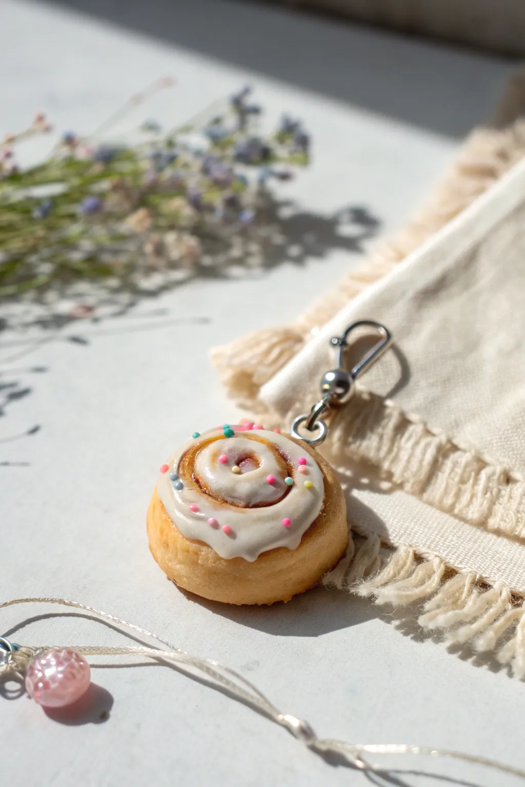 Mini clay bakery charm with frosting and sprinkles, perfect for cute keychains or earrings.