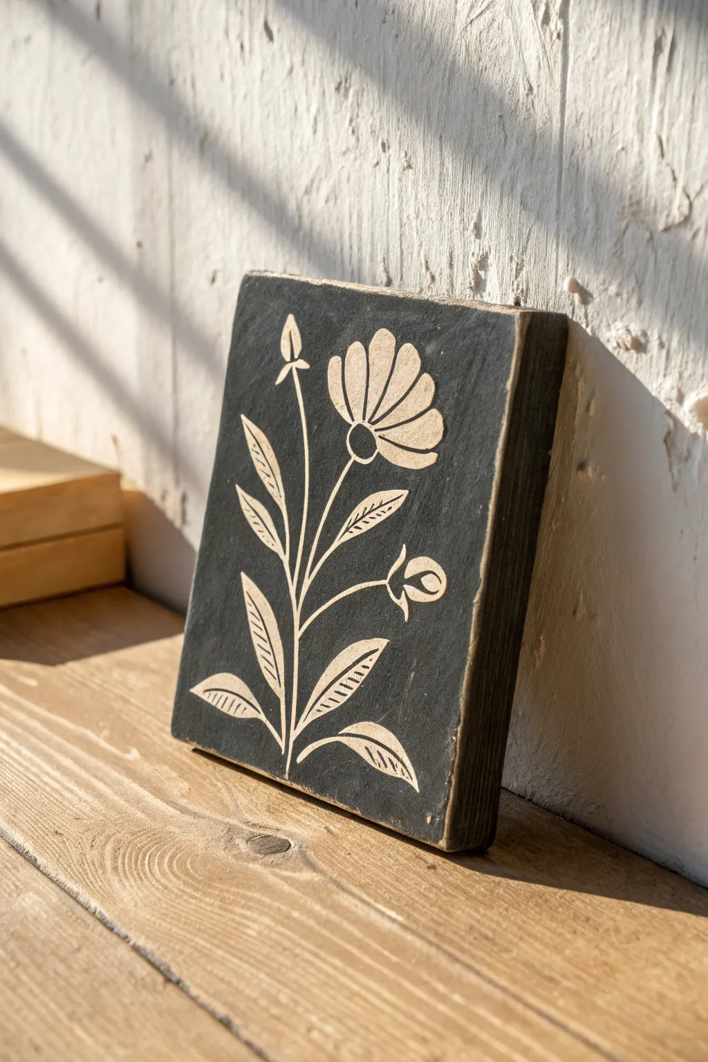 Bold sgraffito flower silhouette tile in matte charcoal and ivory, minimal boho charm
