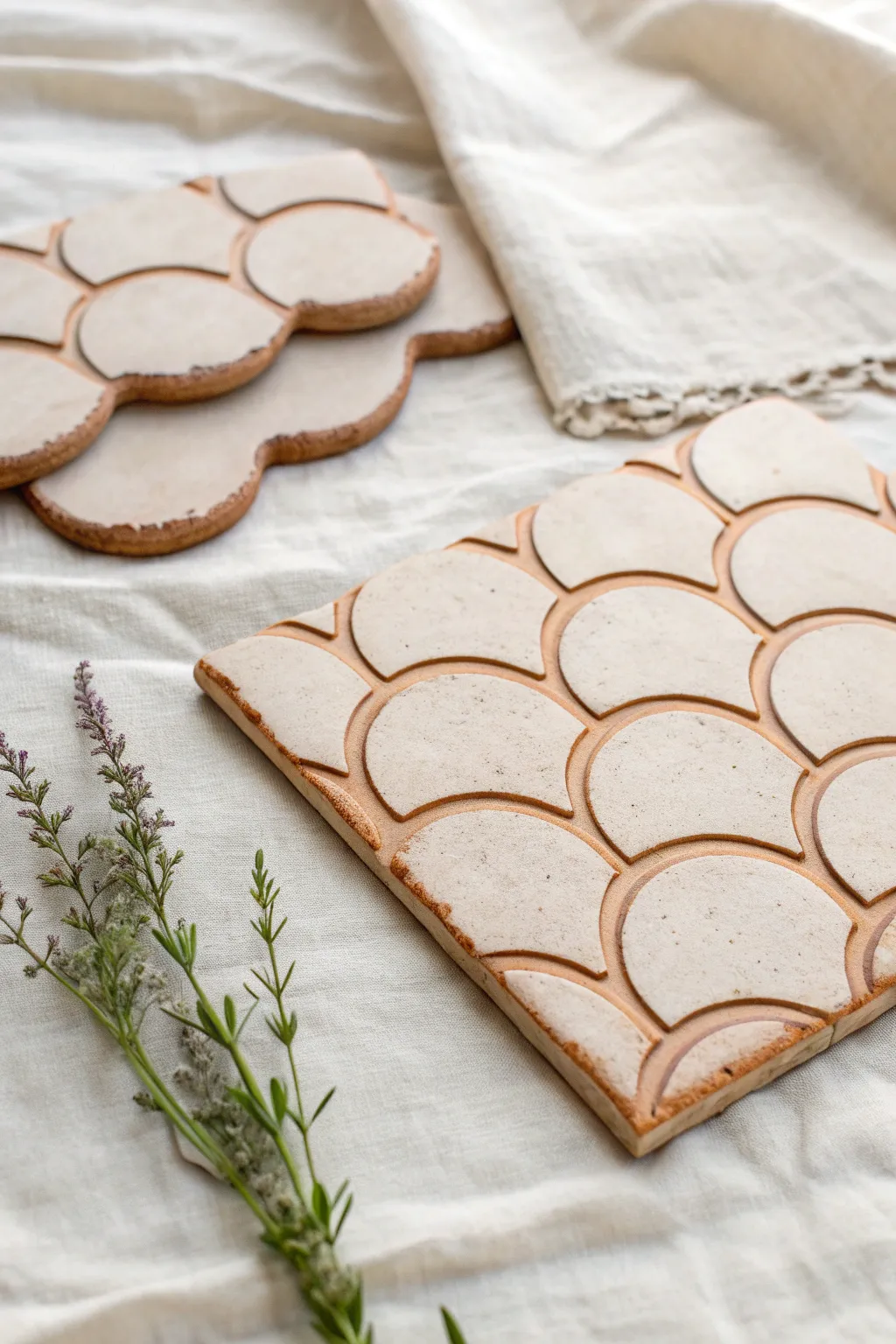 Scalloped clay tiles in soft neutral glaze, a sweet vintage detail for cozy walls and floors.