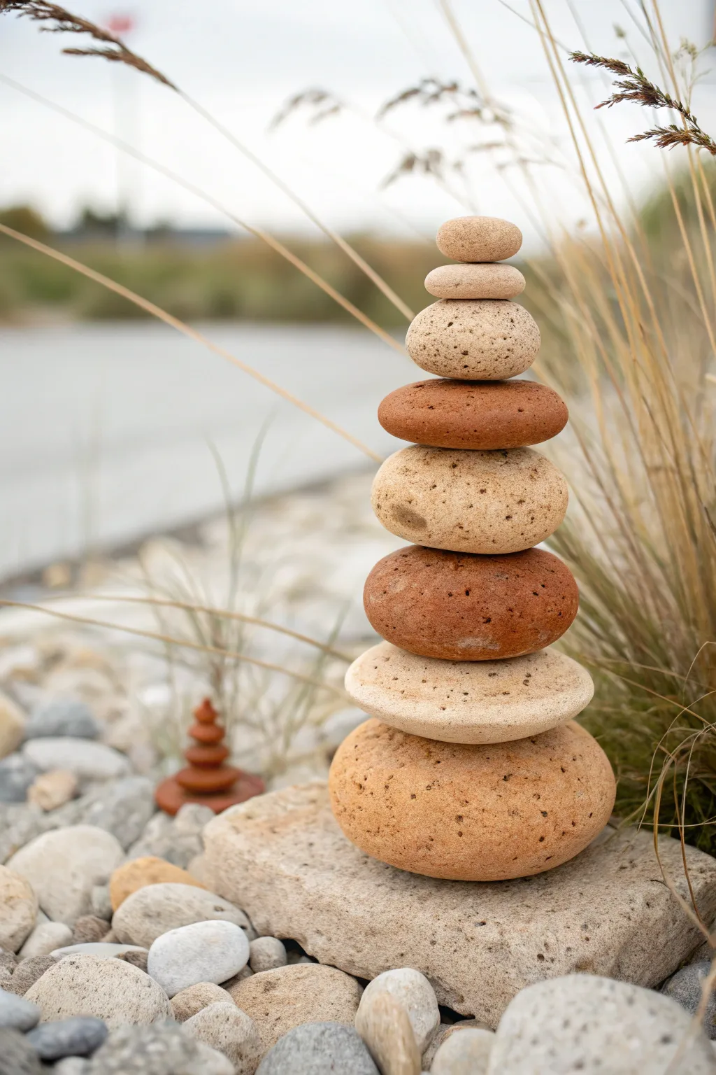 Rustic earth-tone clay garden totem among stones and grasses, minimalist boho warmth.