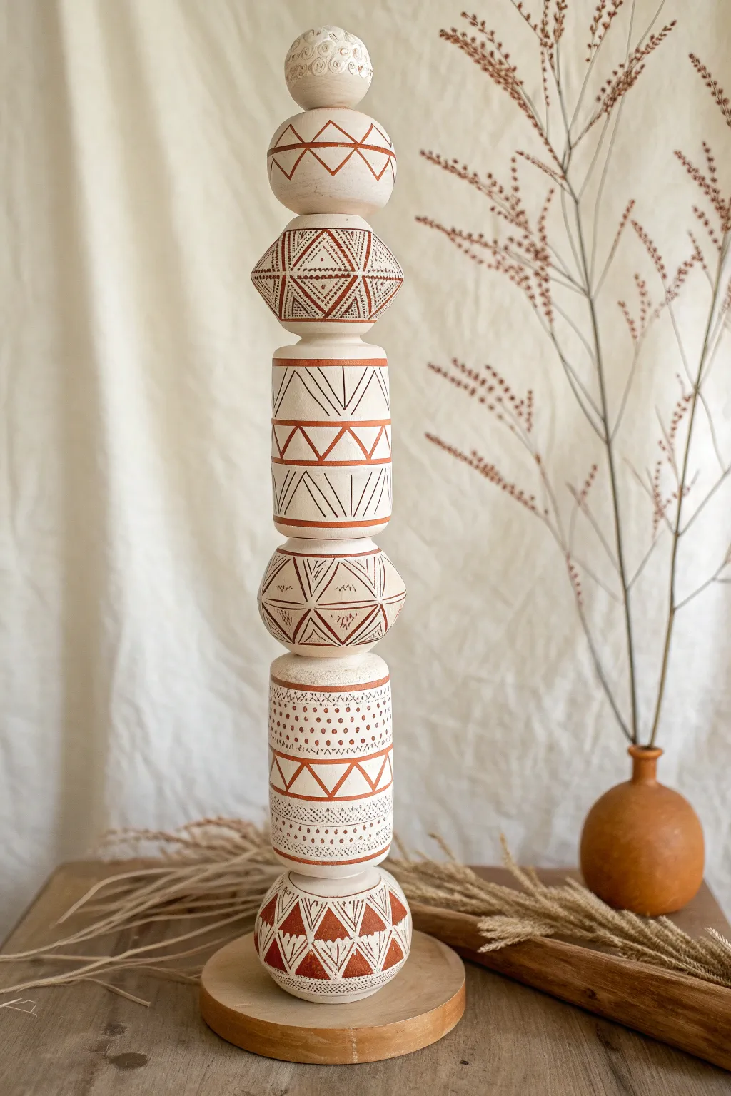 Patchwork totem pole: stacked clay segments with stamped dots, lines, and crosshatch in neutral tones.
