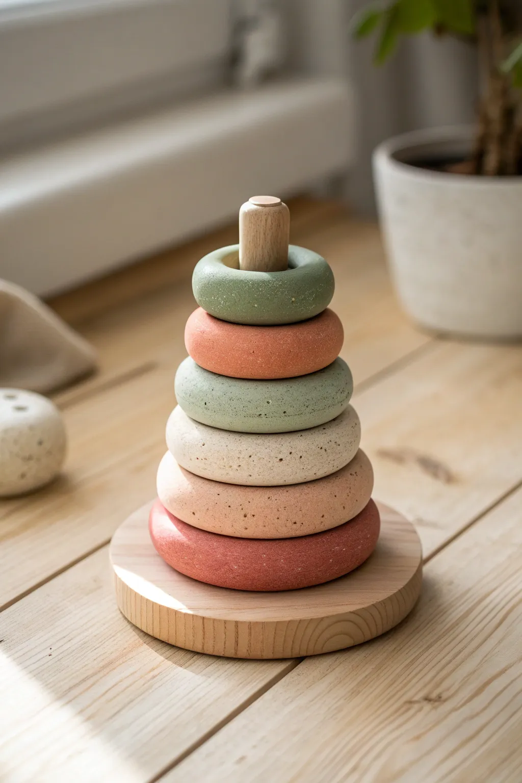 Minimal clay ring tower toy in soft earthy tones, a simple stackable play piece