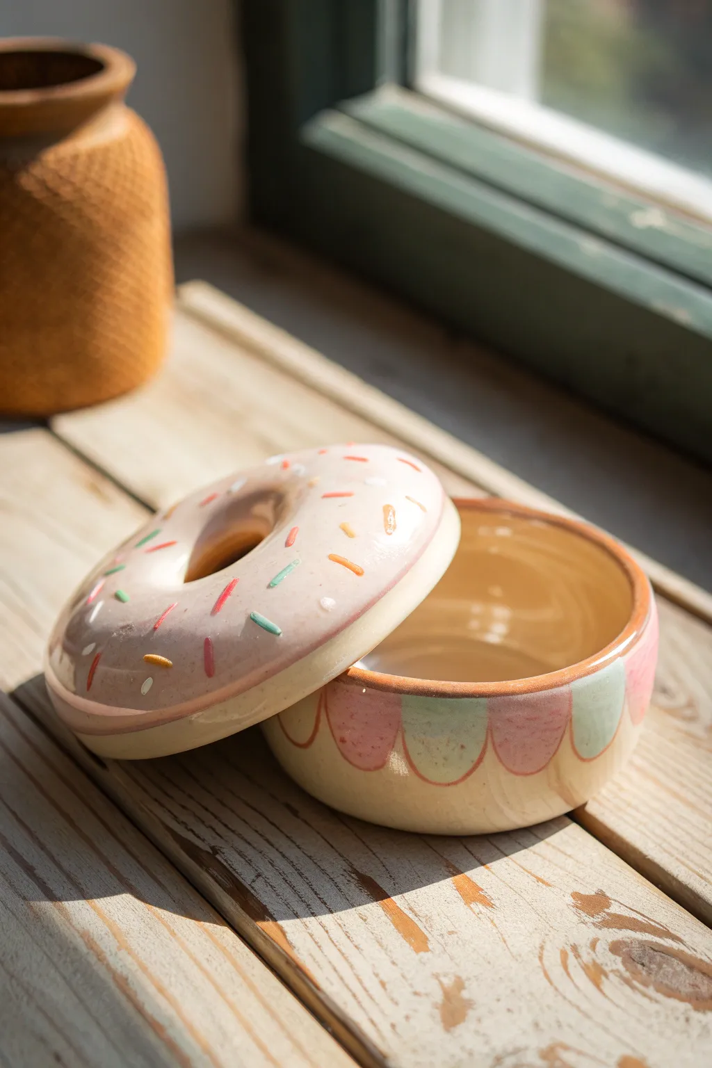 Donut trinket box with glossy finish and simple sprinkles, a cute ring and earring keeper
