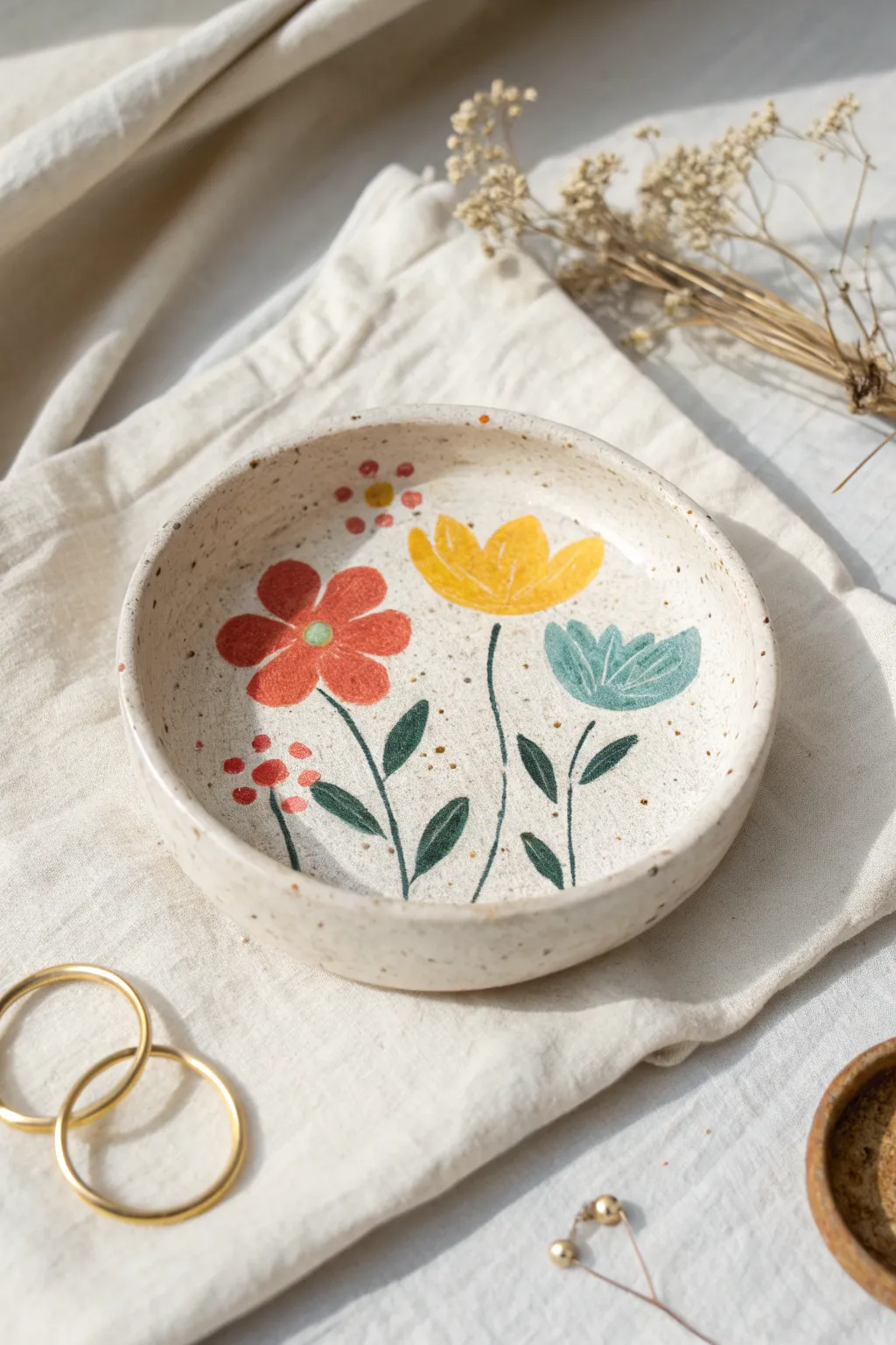 Simple floral trinket dish: bright blooms on clay, perfect for earrings and tiny treasures.