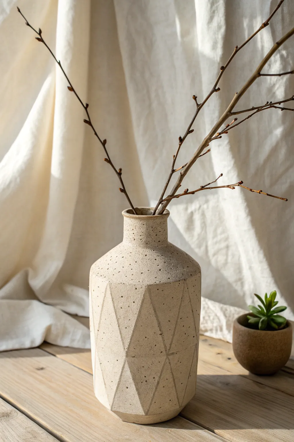 Softly faceted satin-neutral clay vase with one sculptural branch for calm geometric style