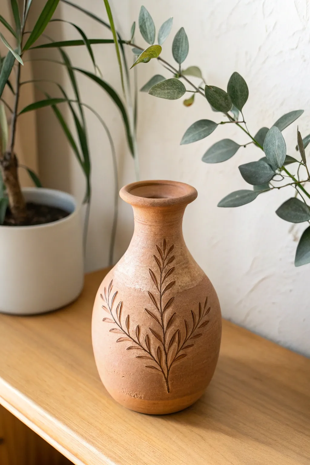 Leaf stamped clay vase with a soft botanical texture, styled simply with a single eucalyptus stem.