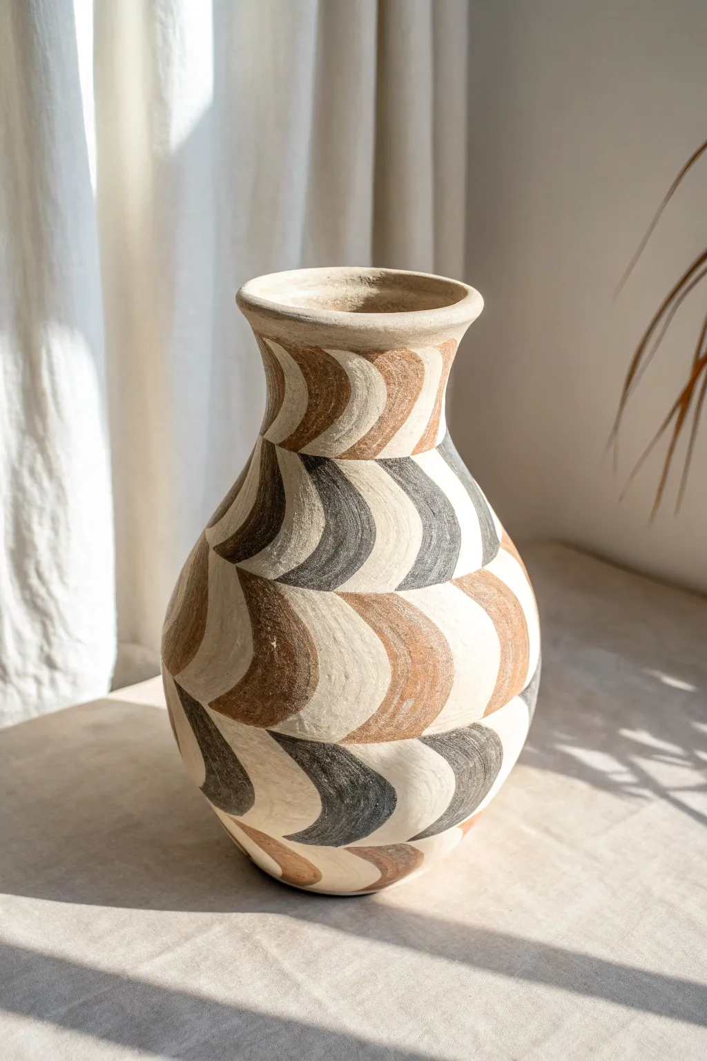 Wavy checkerboard vase in two bold tones, a simple graphic paint idea with handmade charm