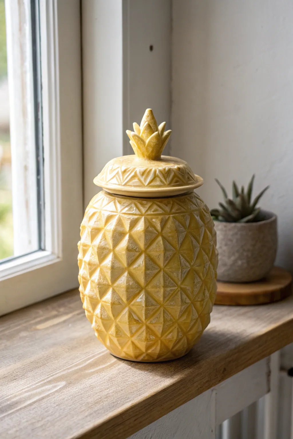 Warm yellow pineapple-inspired lidded jar vessel with clean lines and handcrafted texture