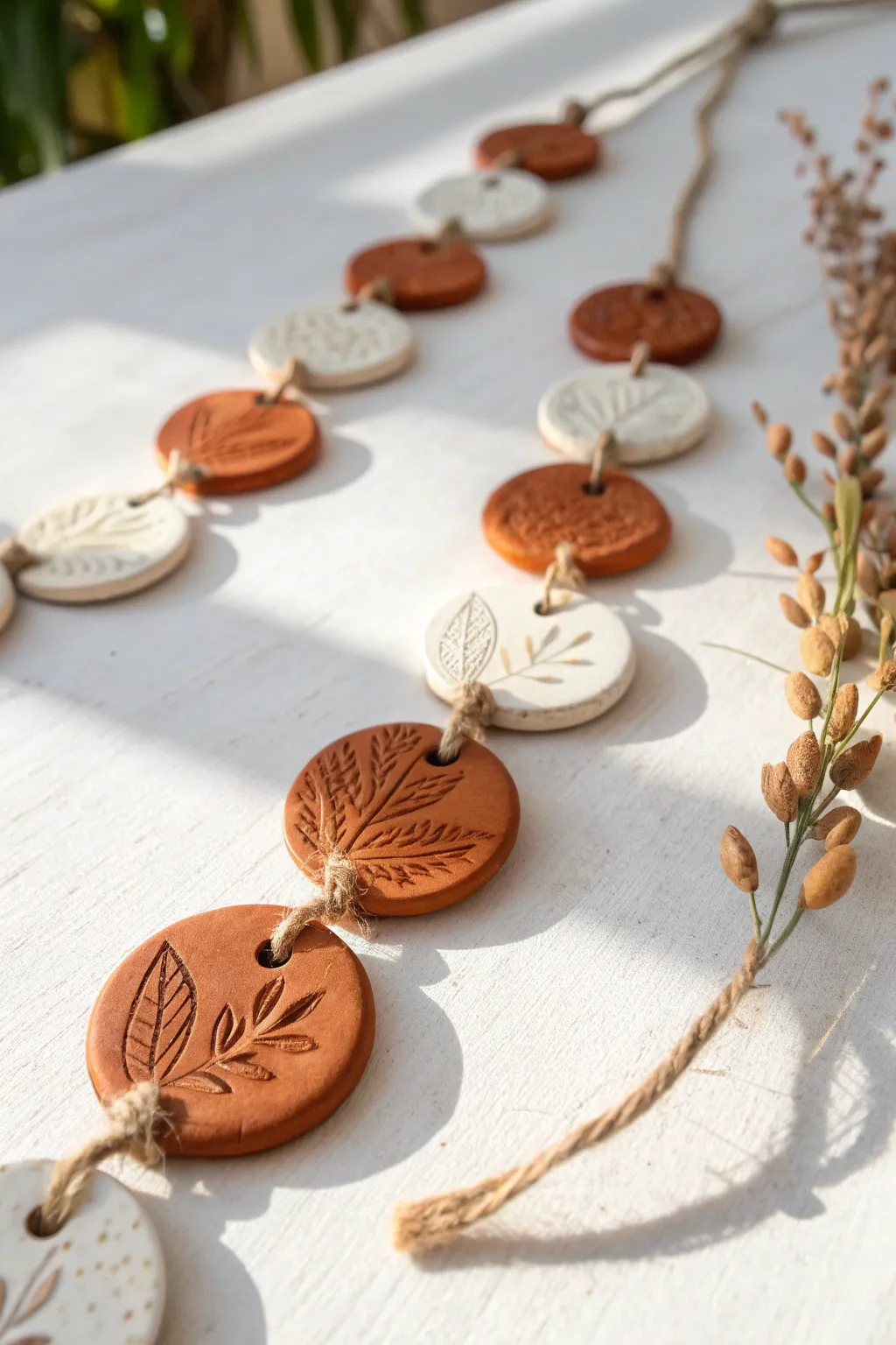 Minimal clay disc garland wall swag in warm neutrals, perfect for Scandinavian boho decor