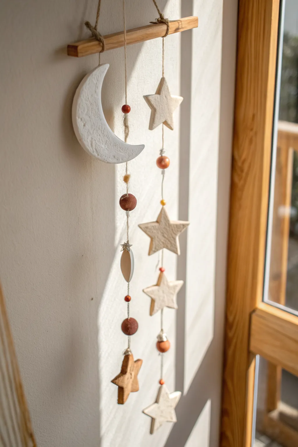 Minimal moon and stars clay mobile by the window, casting soft shadows for dreamy wall decor