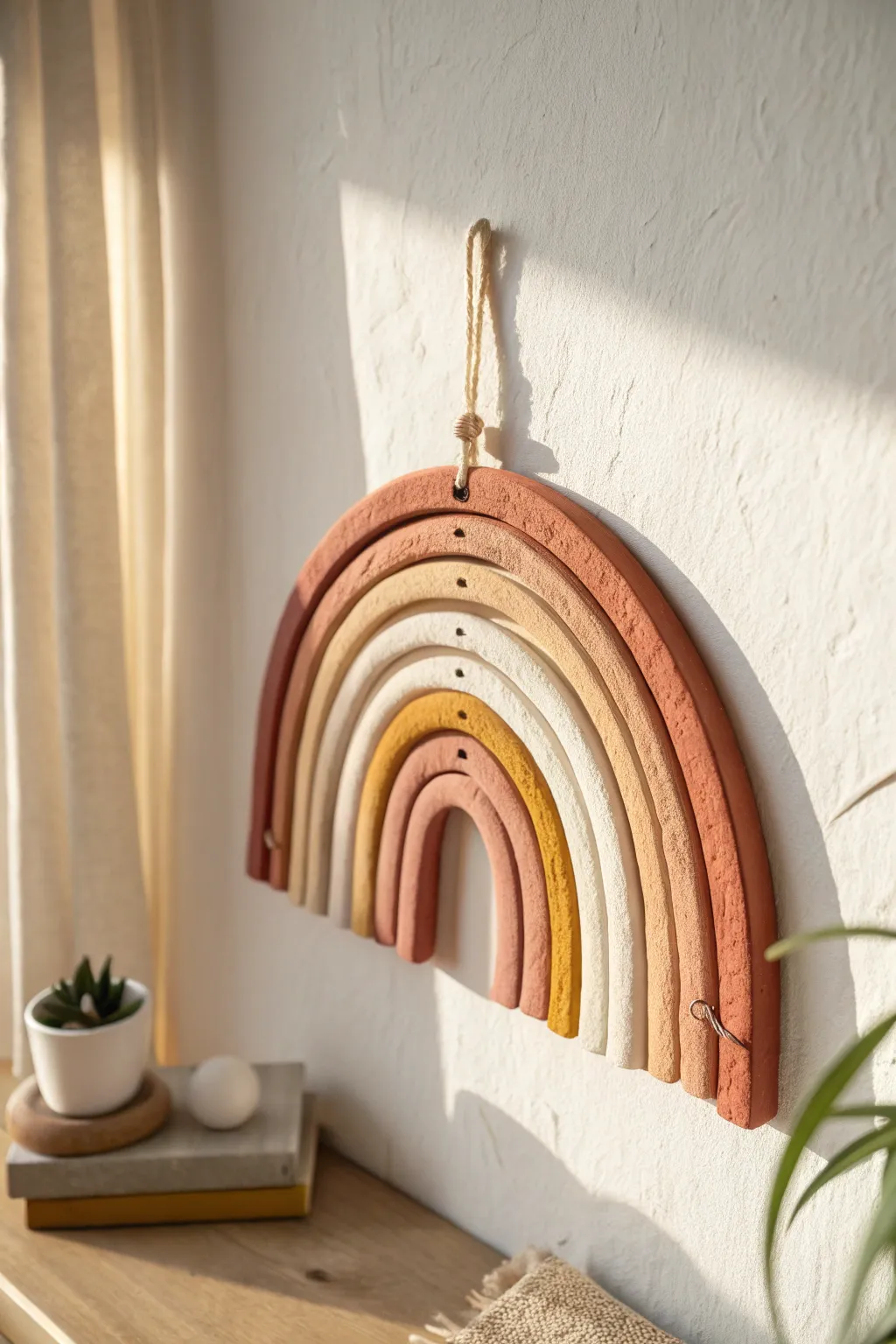 Warm dusty rainbow clay arches bring cozy boho charm to a clean minimalist wall.