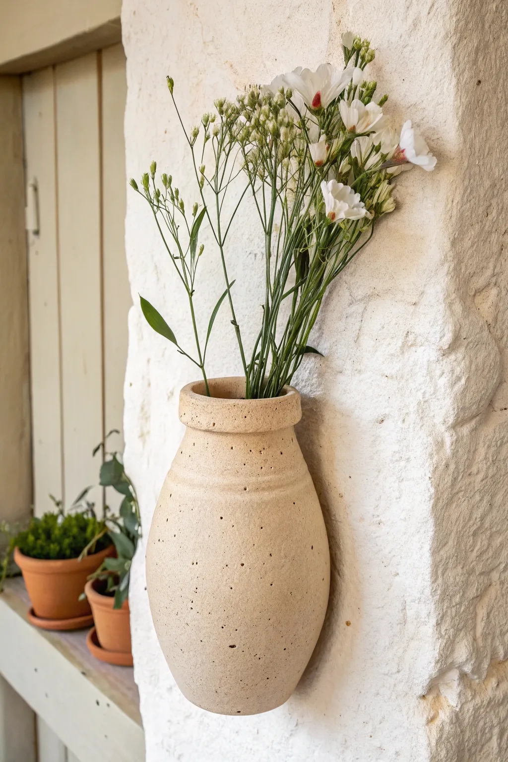 Minimal clay wall pocket with hidden keyhole hanger, perfect for tidy entryway mail.