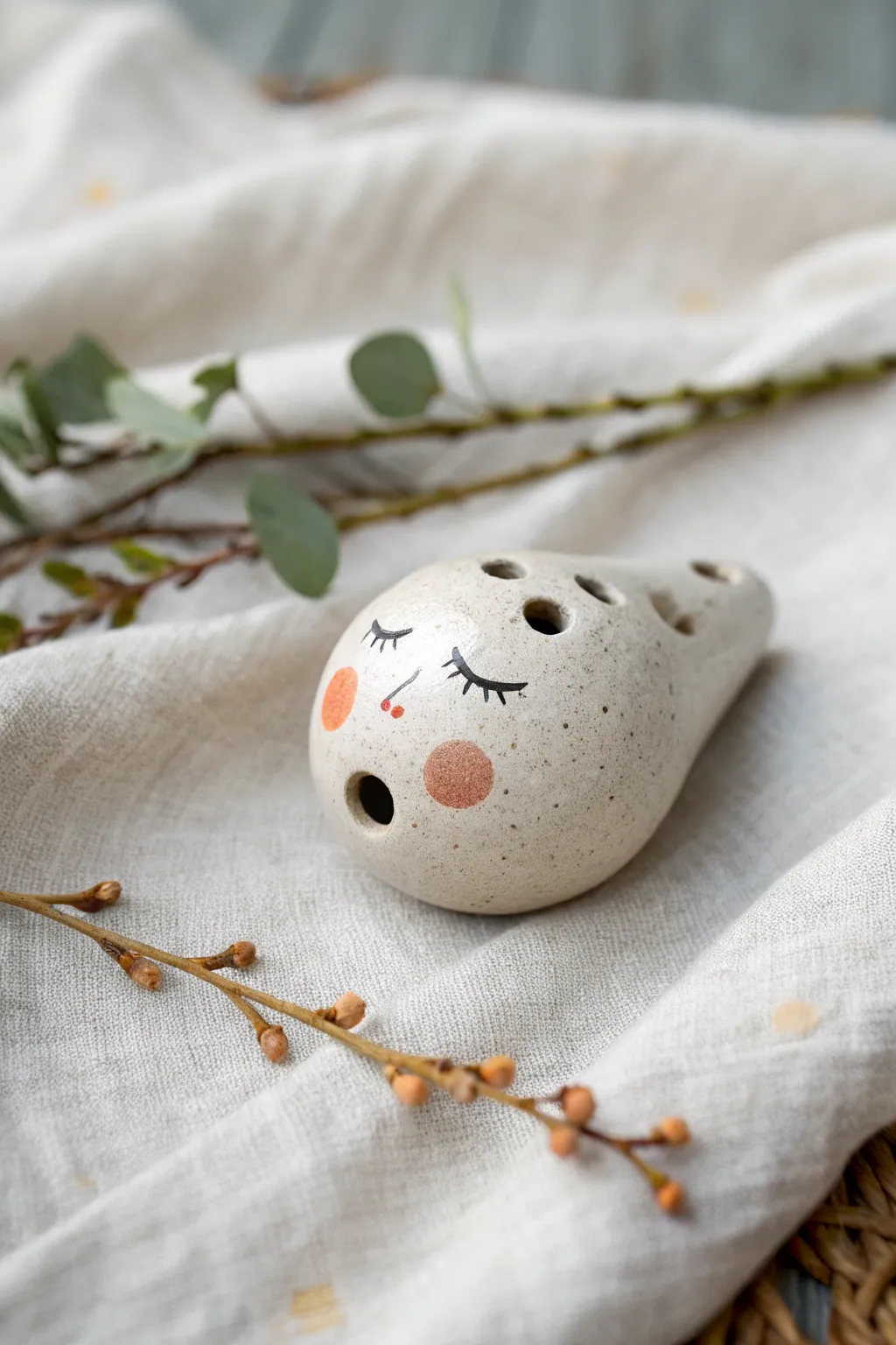 Goofy-cute clay face whistle with a nose mouthpiece, minimal details and cozy handmade charm