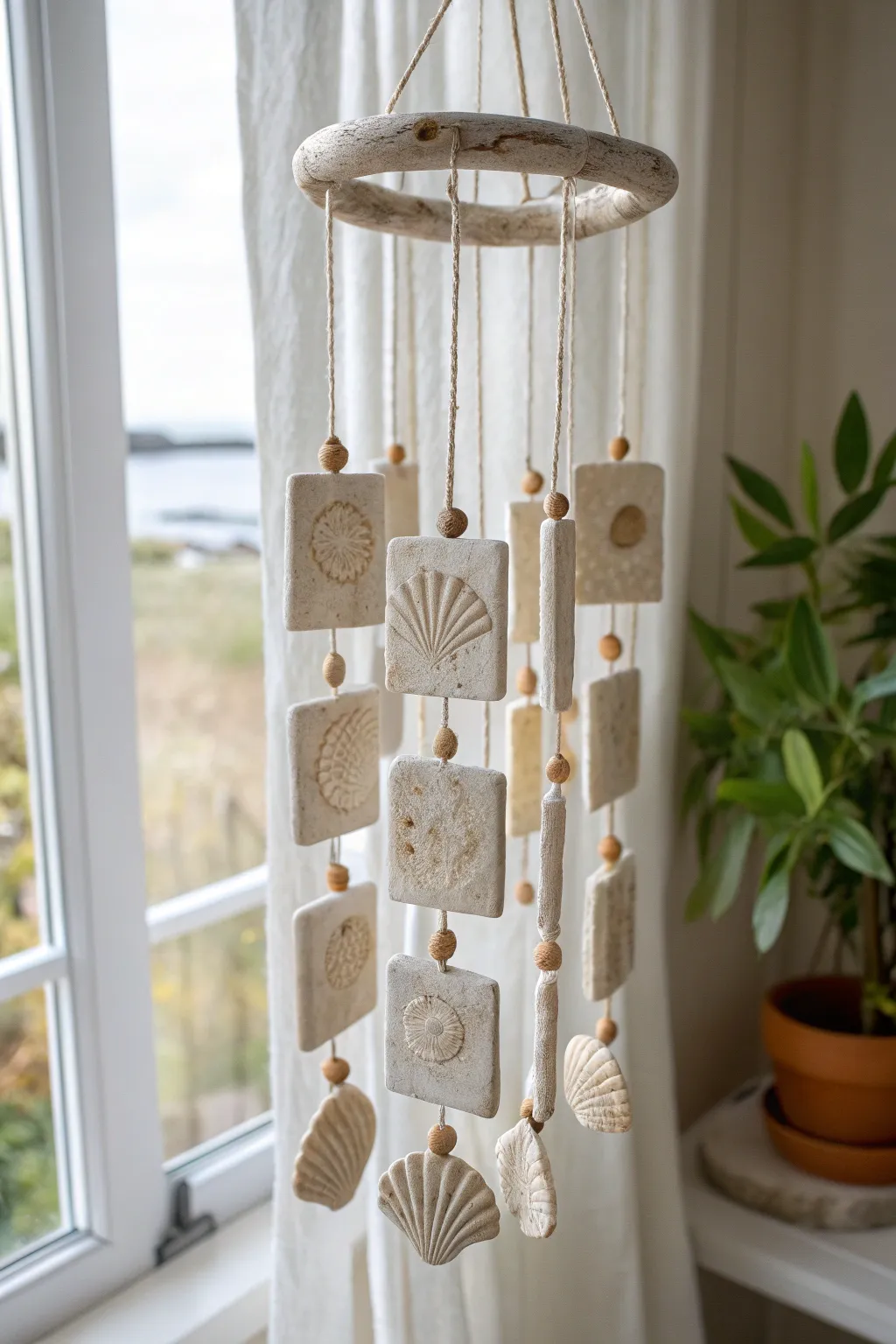 Shell-imprinted clay fossil tiles in soft coastal neutrals for a calm, minimalist wind chime