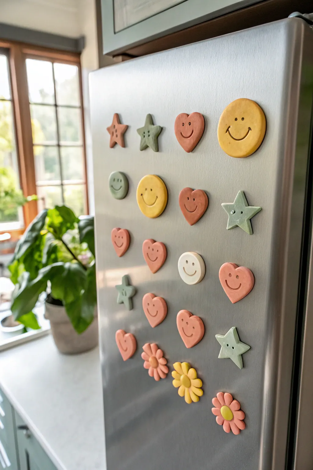 Cheerful handmade clay icon magnets in a clean grid, bright colors on sleek metal contrast.