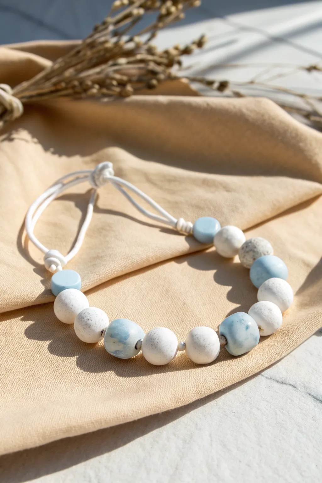 Chunky cloud beads in soft blue and white, a dreamy DIY bracelet on natural linen.