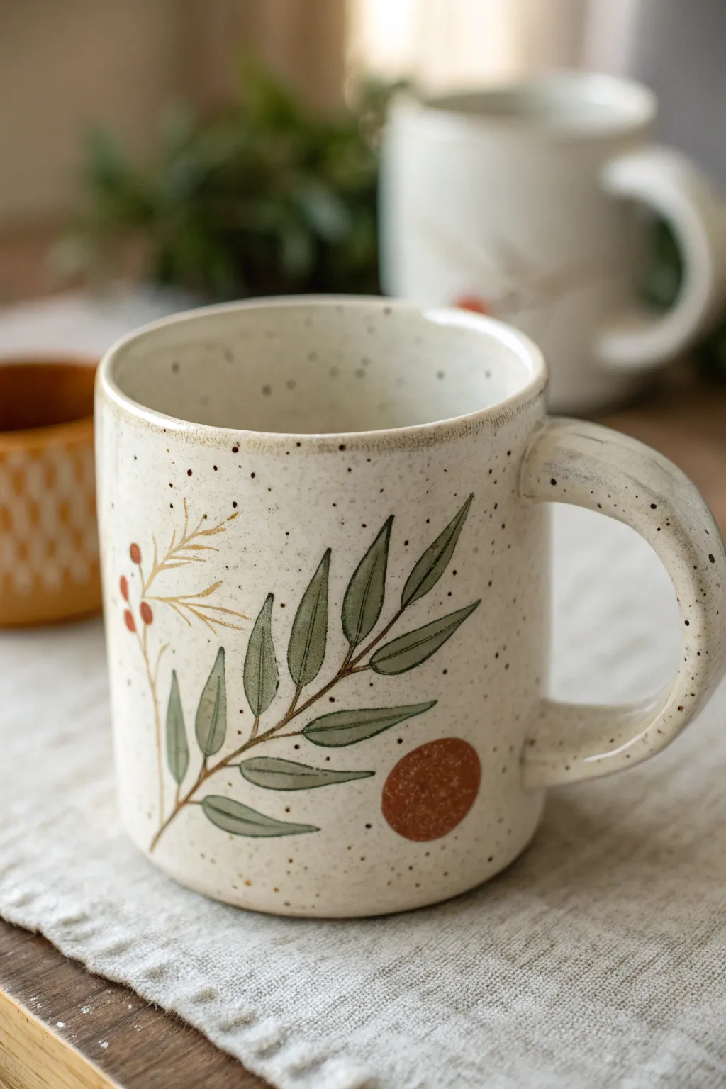 Minimalist mug with a comfy thumb rest and tiny leaf detail for a simple, handmade touch