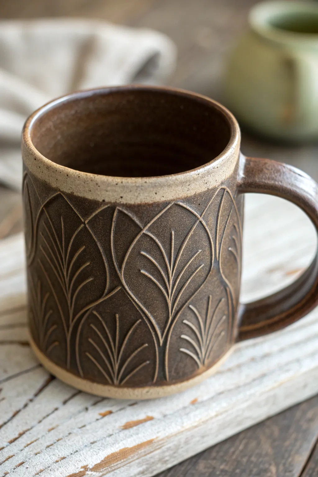 Matte slip coffee mug with easy sgraffito carving, revealing dark clay for bold minimalist contrast