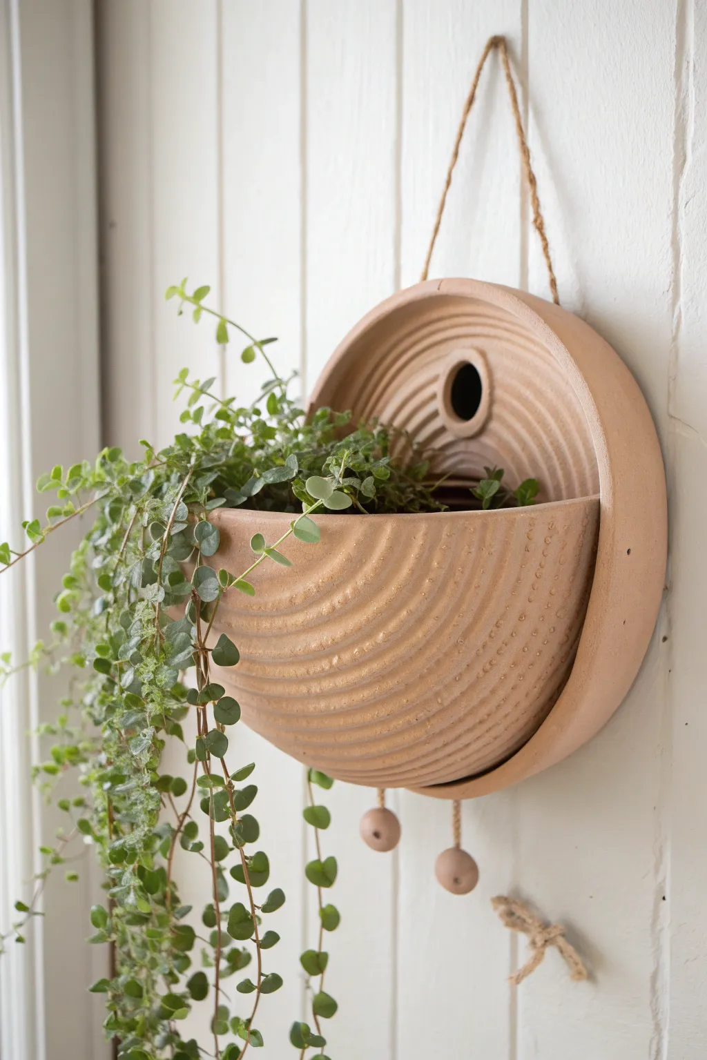 Half-moon coil wall pocket planter with a tiny trailing plant, minimalist and beginner friendly