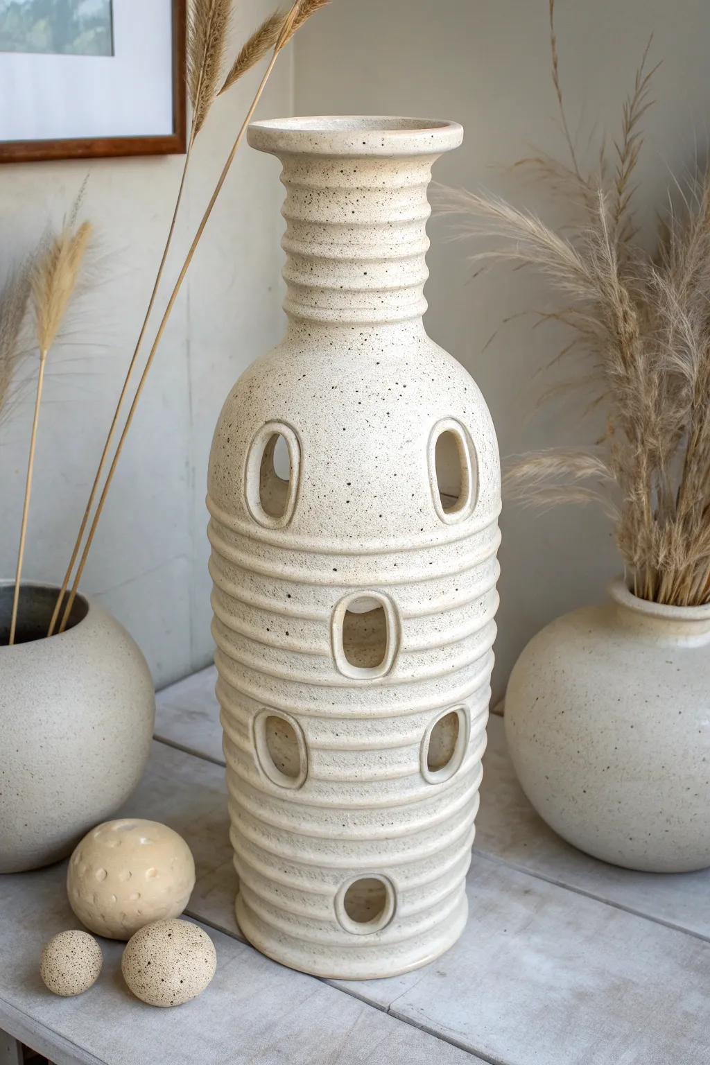 Minimal coil-and-slab vase with clean window cutouts, softly lit with dried stems behind