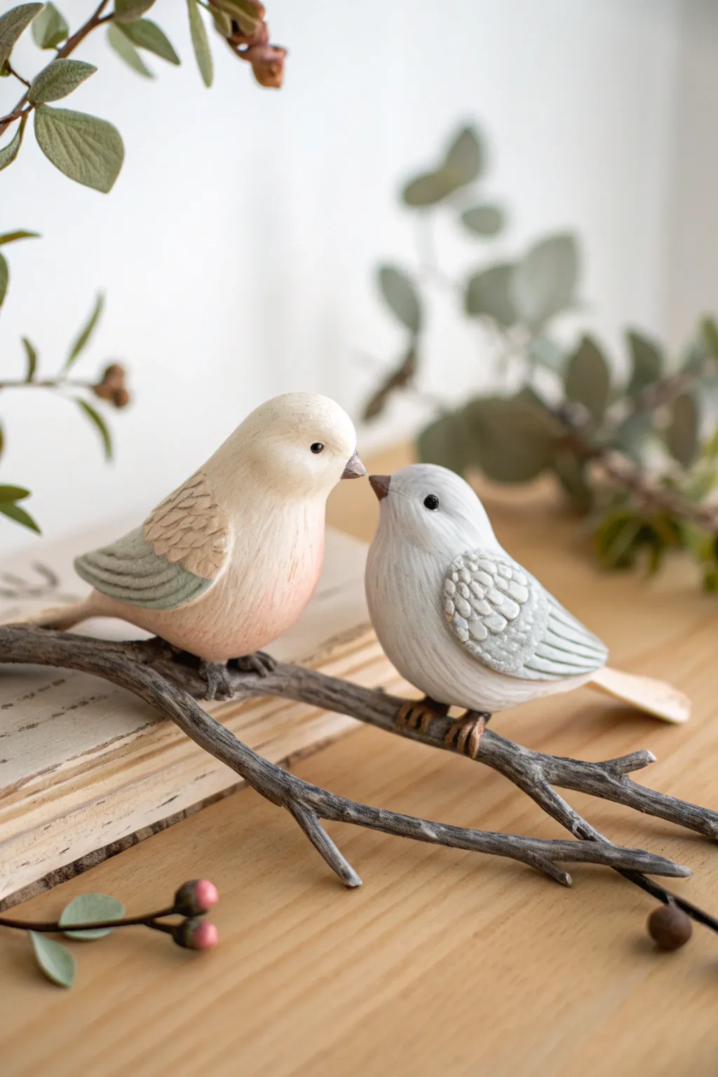 Mini cold porcelain bird couple on a twig branch, soft tones and minimalist shelf decor.