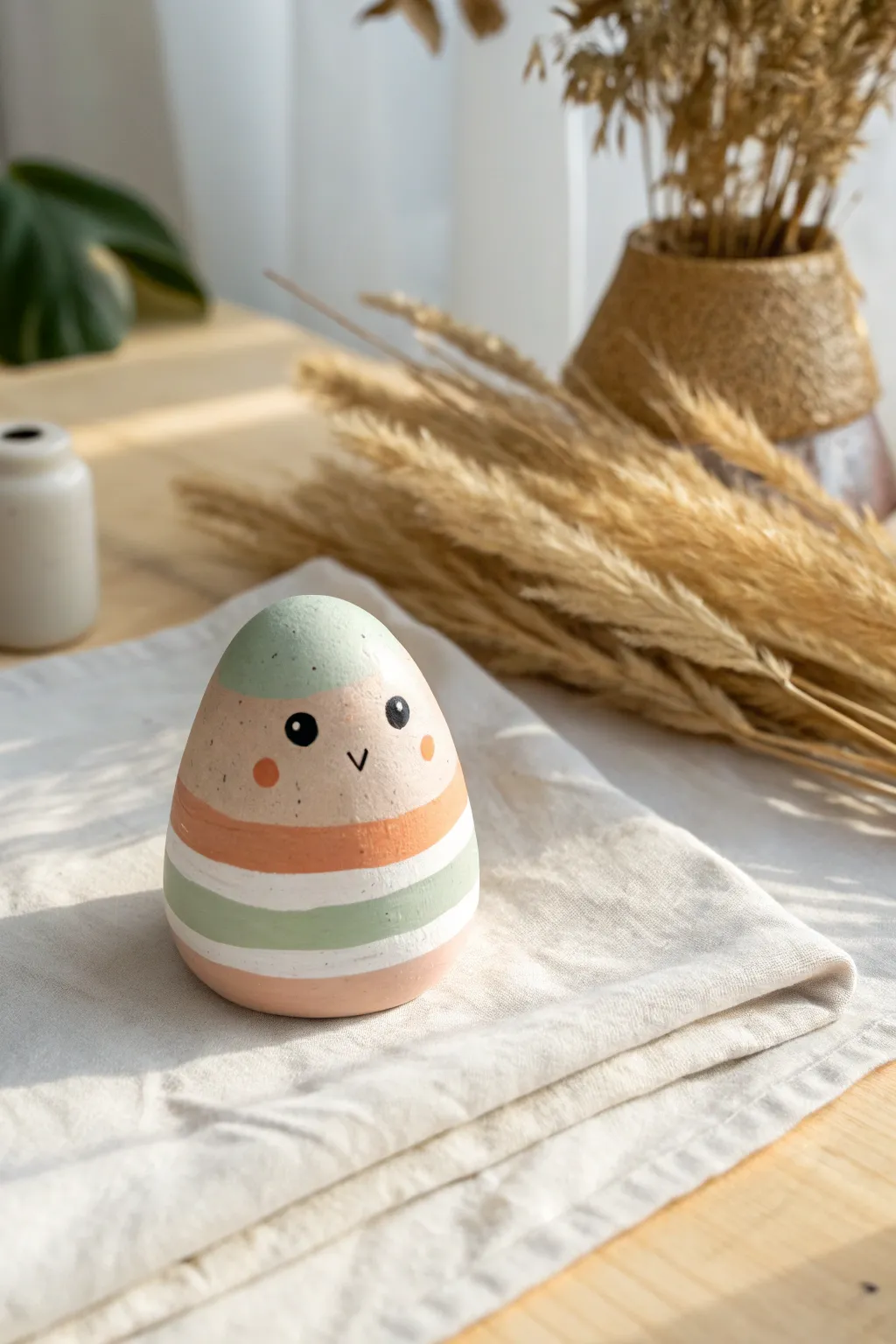 Cute abstract blob critter in mixed-color clay stripes and patches, minimal Scandinavian styling.