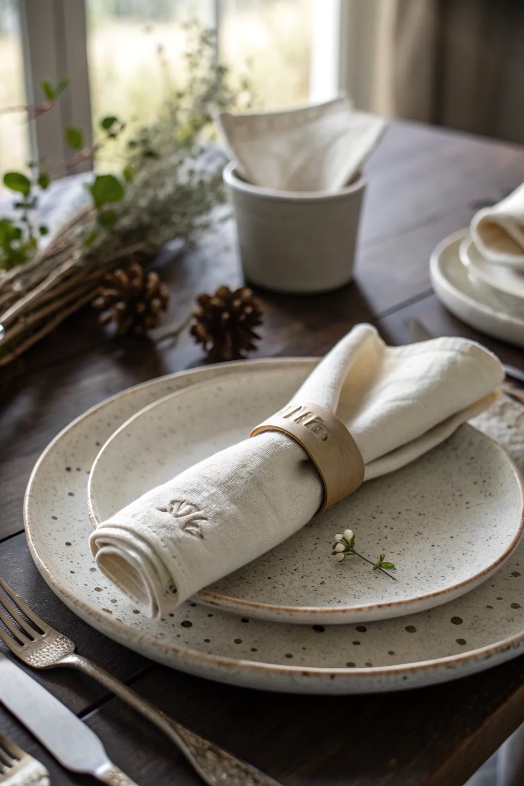 Handmade air dry clay napkin ring with subtle initial stamp, styled in Scandi boho neutrals