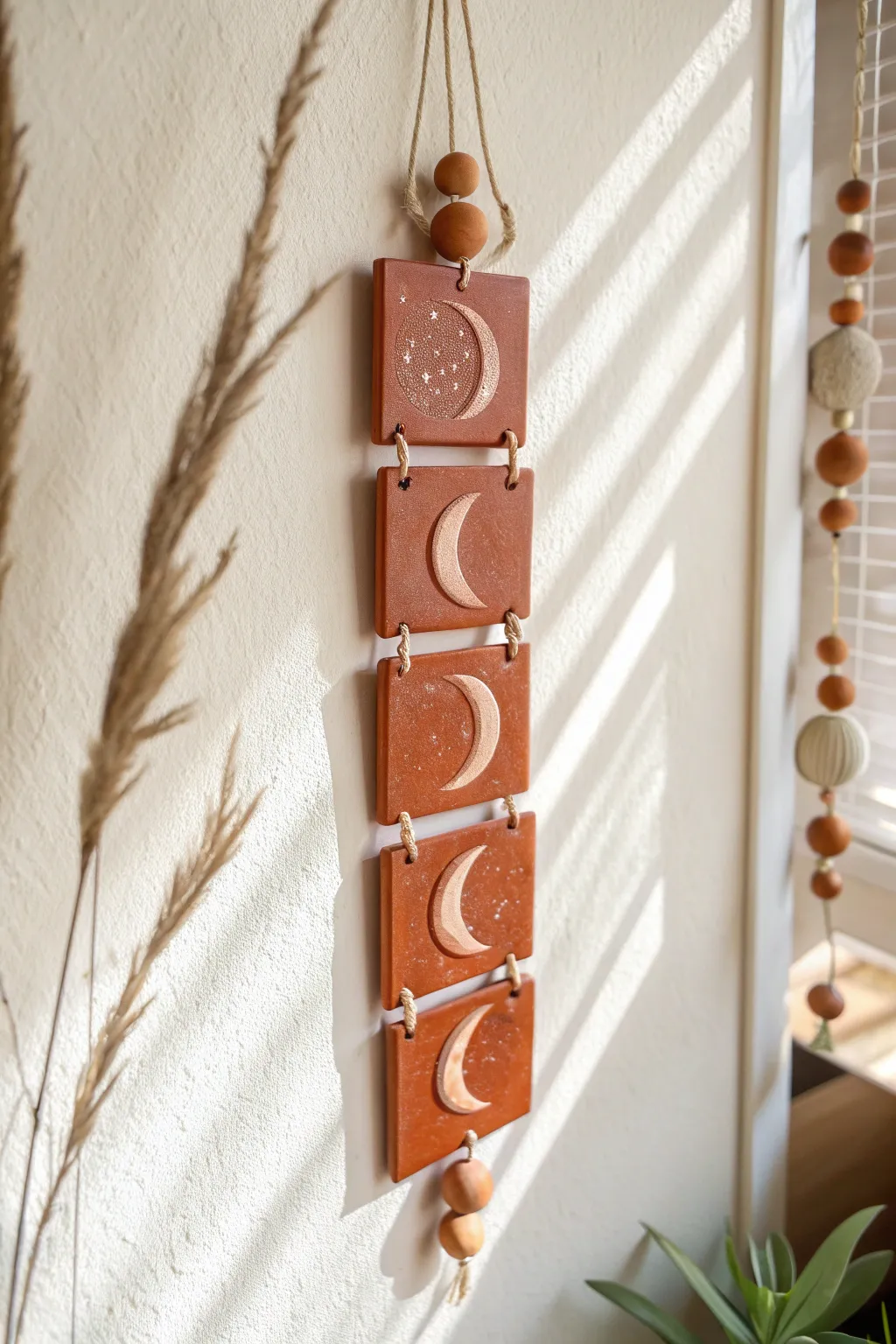 Dreamy clay moon phase wall hanging with soft boho cord, minimalist Scandinavian vibe