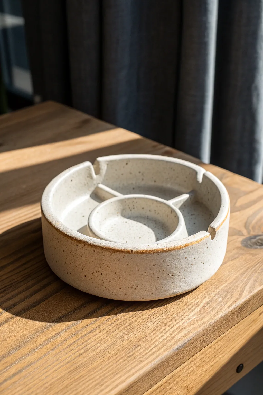 Split-level clay ashtray with raised rests and a deep catch bowl, simple, chic, and handmade.