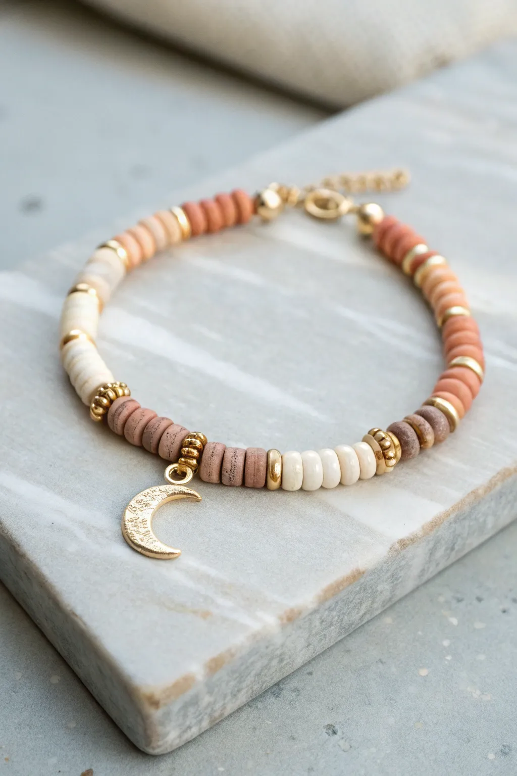 Charm-centered clay heishi bracelet with soft neutrals and balanced spacers, minimalist boho vibe