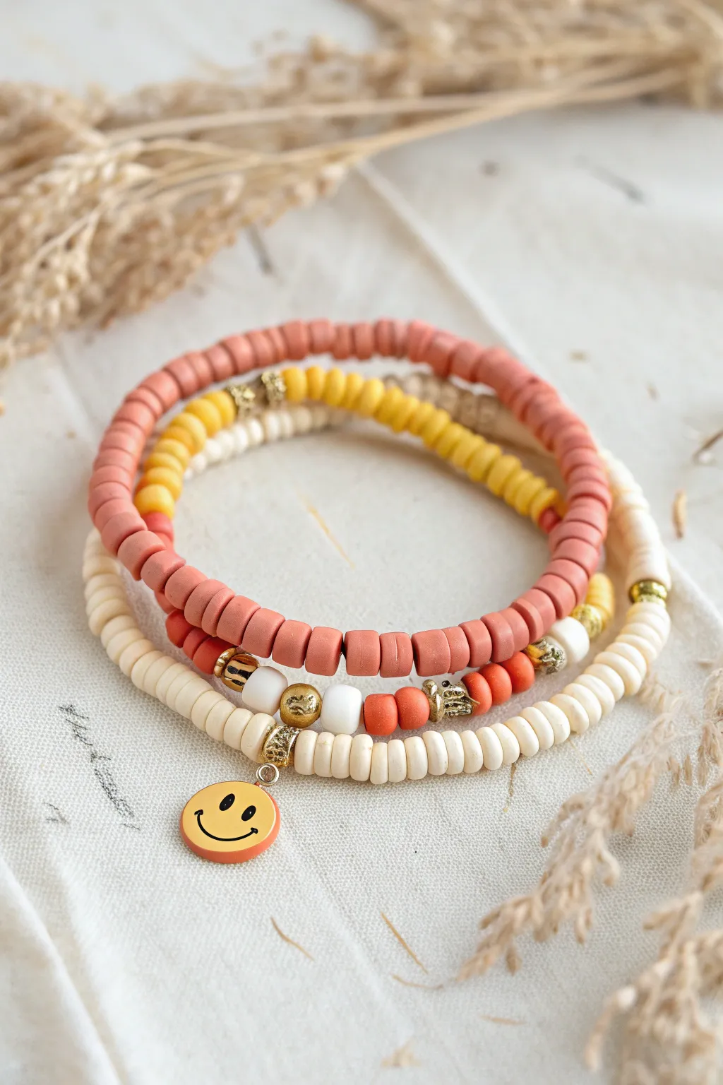 Bright clay bracelet stack with a single smiley bead accent for an easy, happy handmade look