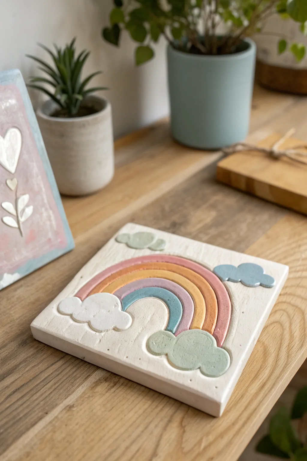 Bright relief rainbow tile with puffy clouds, a simple kid-friendly clay project with big impact.