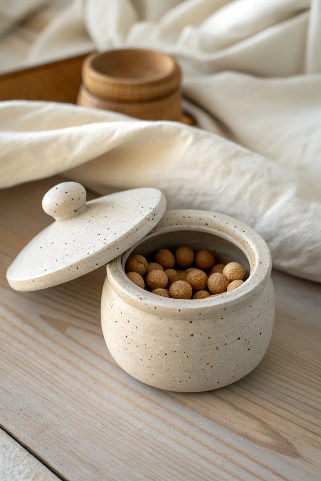 Lidded pinch pot keepsake jar in warm neutrals, perfect for storing beads and tiny mementos.