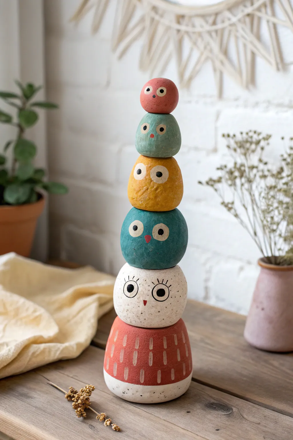 Stacked mini creature totem in bold colors, a playful clay sculpture idea for beginners.