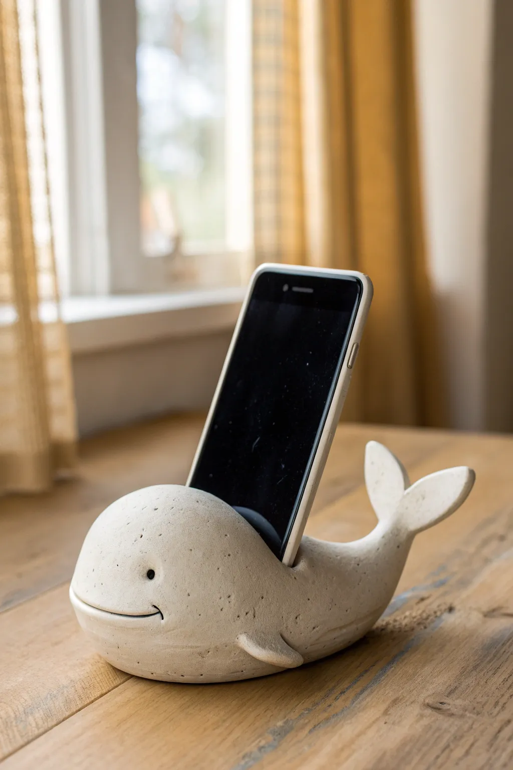 Smooth smiling whale phone rest in natural clay, minimalist, boho and perfectly functional.