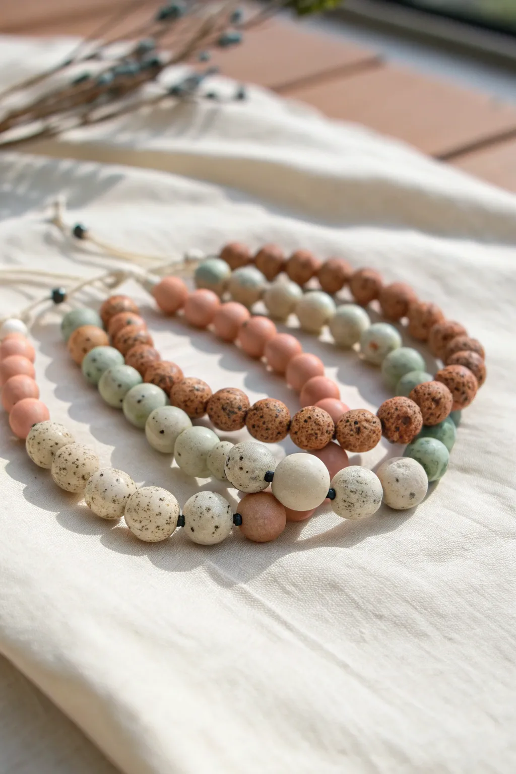 Chunky clay bead bracelets in soft palettes, with marbled and terrazzo accents for easy DIY style.