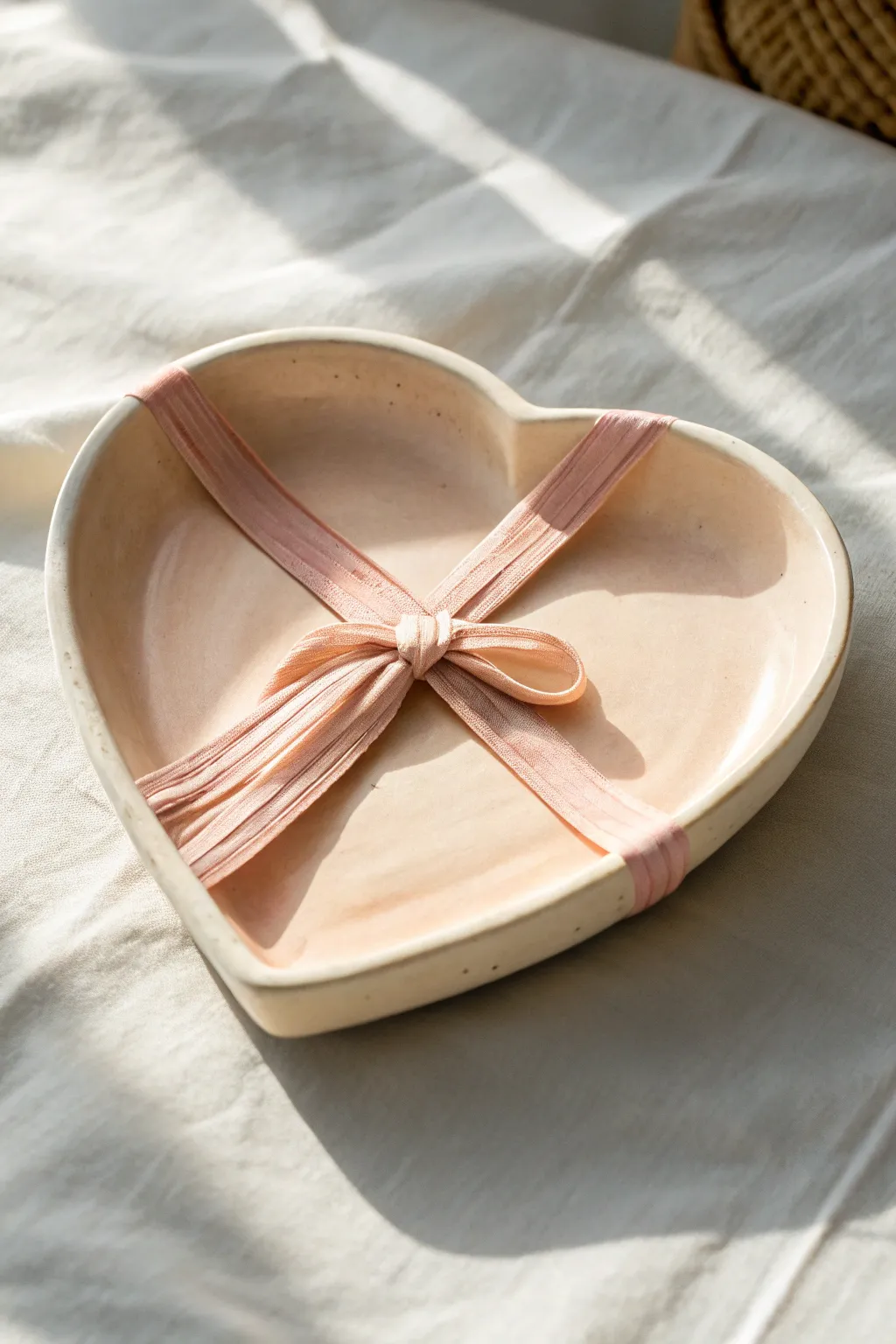 Sweet coquette heart dish with a satin ribbon wrap in pastel glaze, minimal and handmade