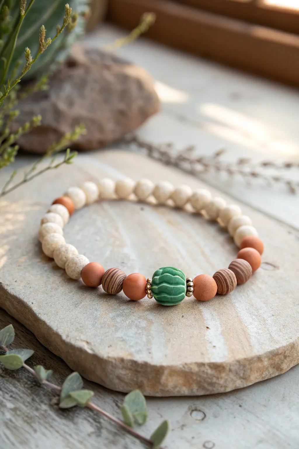 Neutral clay bead bracelet with cactus green pop, styled on stone for desert-country calm.