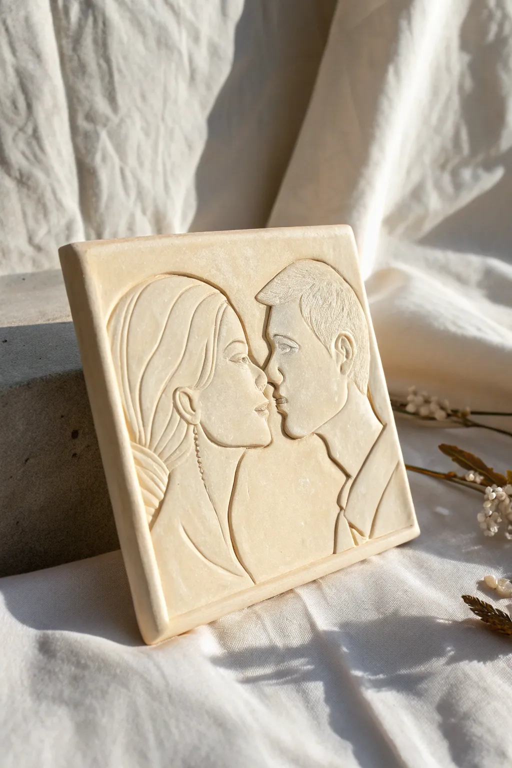 Minimal couple silhouette relief tile in matte neutral clay, calm Scandinavian style with soft boho warmth