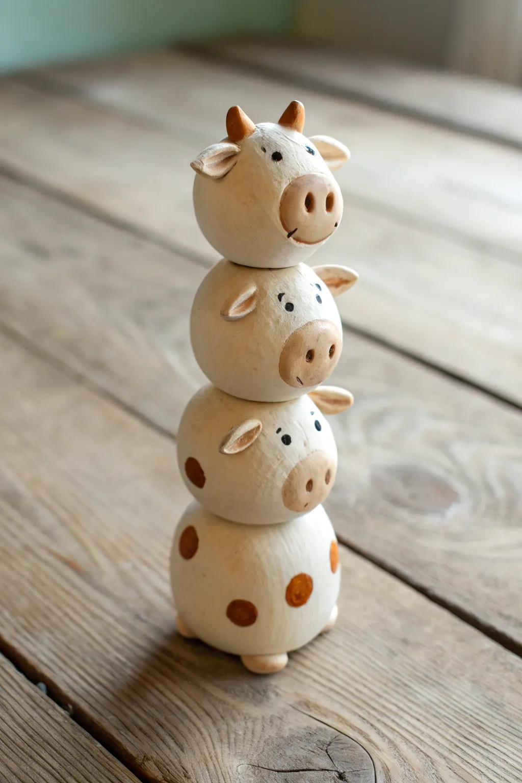 Cute mini clay cow totem stack in soft neutral tones, minimalist and boho with crisp contrast