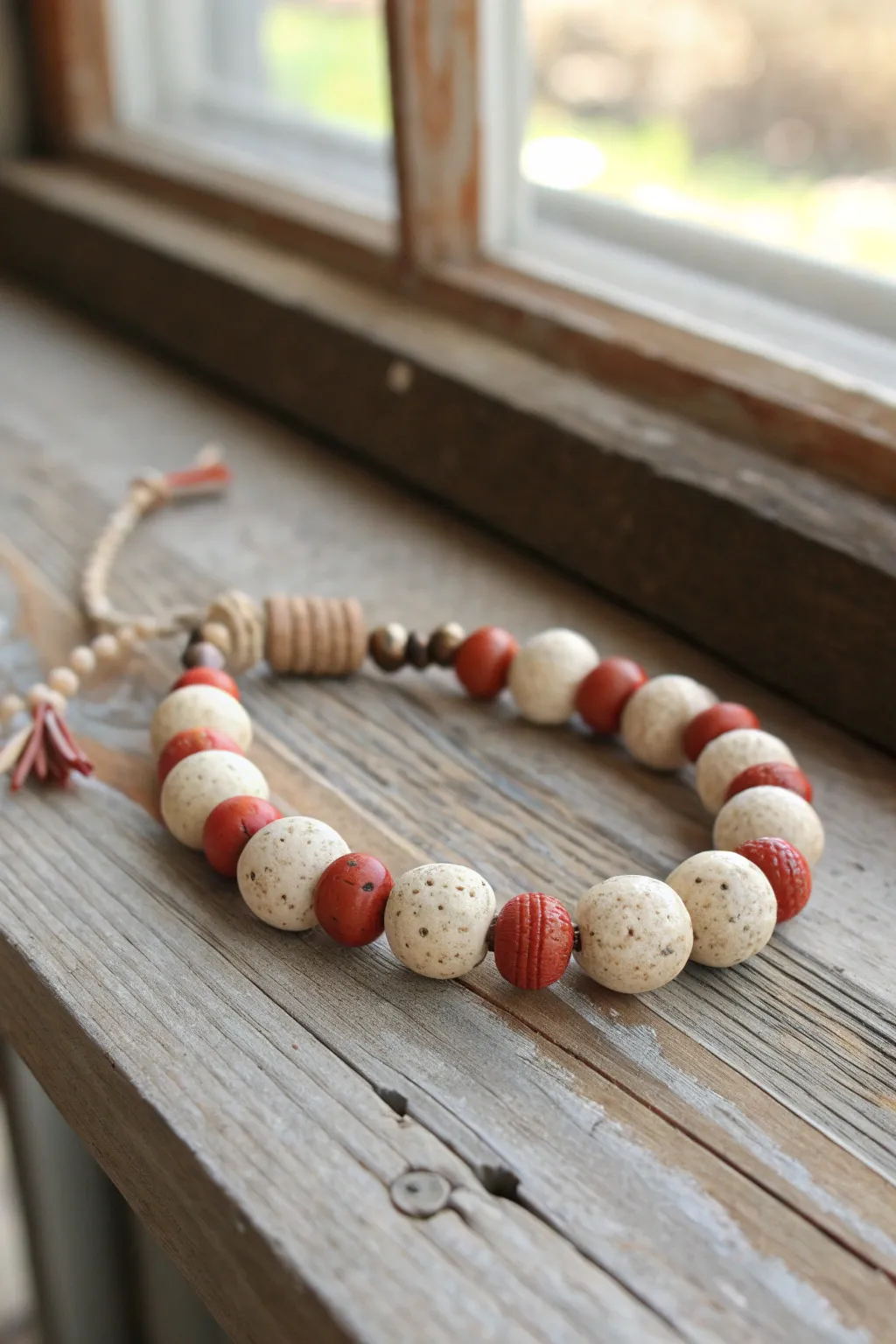Cream and tan clay discs with spaced bandana-red clusters for an easy cowgirl accent.