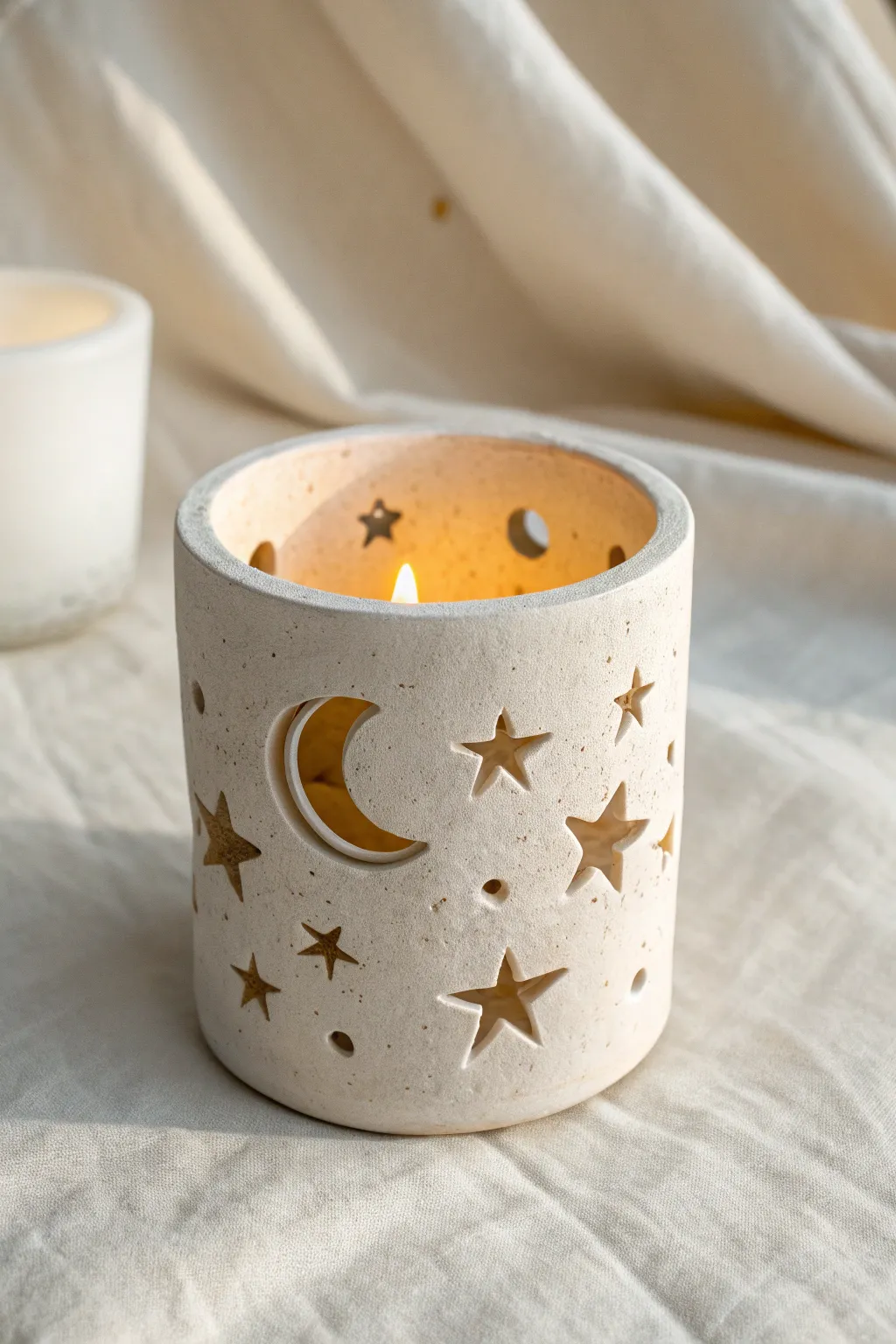 Minimal clay tea light holder with star and moon cutouts, casting a cozy glow on pale stone.