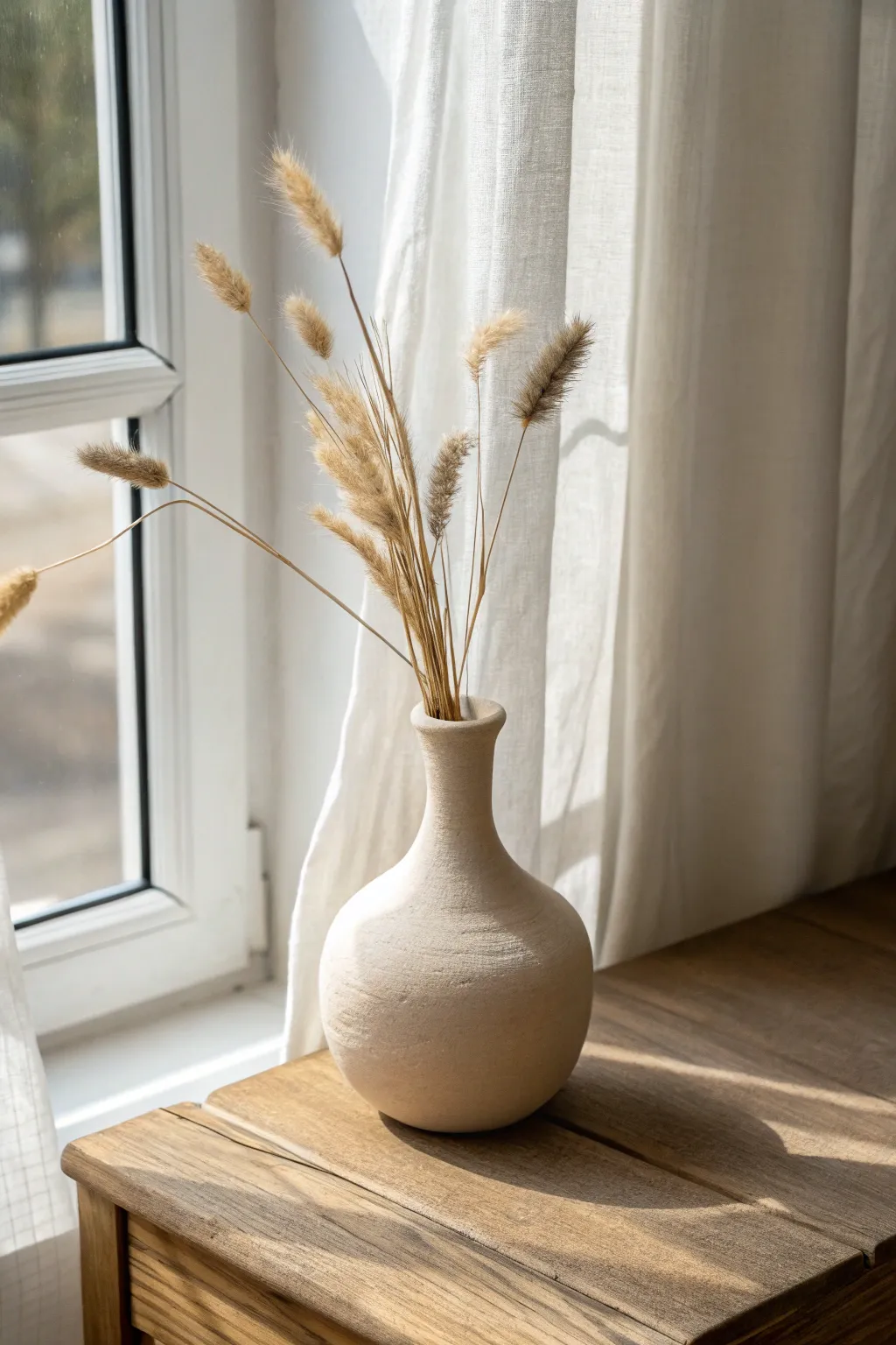 Minimal air-dry clay bud vase with dried stems, soft window light, Scandi-boho calm