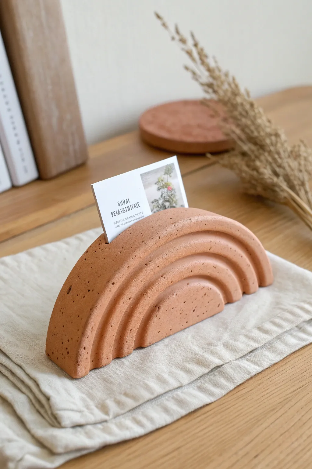 Minimalist wavy clay card holder for photos or recipe cards, styled in calm Scandinavian boho light